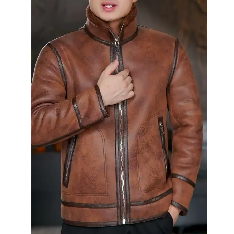 100%羊毛一体新款机车服复古休闲保暖时尚皮夹克男装外套【5816】