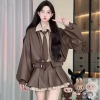 【现货清仓+下播秒发】秋冬季设计感衬衫拼接皮衣半身裙三件套