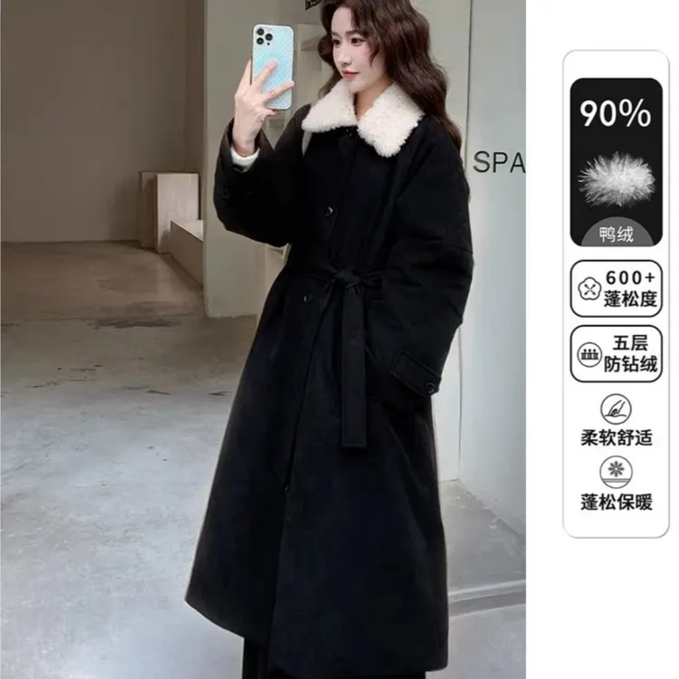 【保暖羽绒服】翻领长款学院风极简风柔软大毛领过膝风衣羽绒服外套