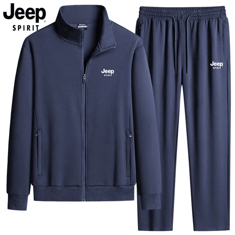 jeep吉普运动套装男春秋季纯棉立领中老年长袖休闲大码跑步运动服