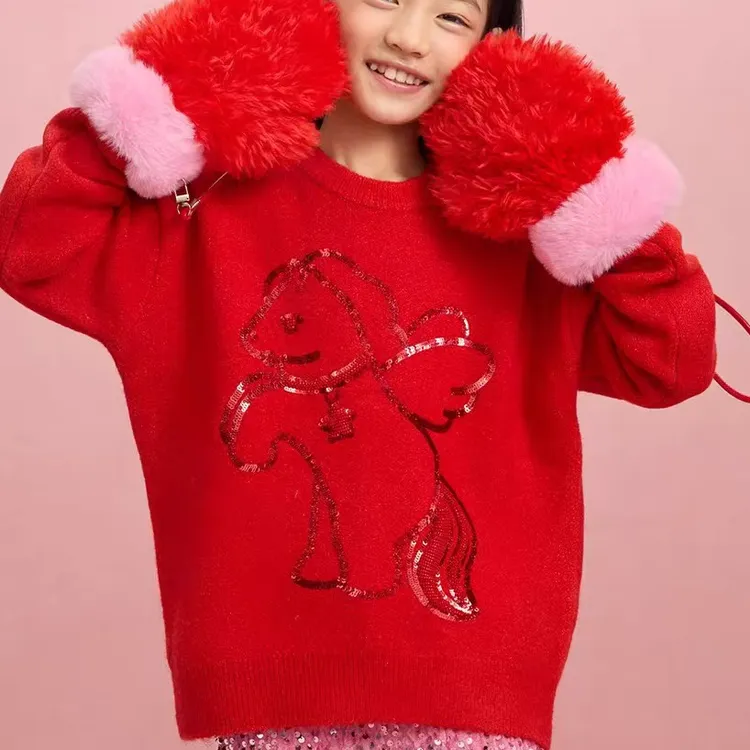 女童红色针织毛衣