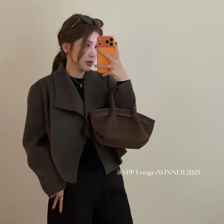 YPP!【看秀外套】韩系气质高级感简约大翻领短款毛呢外套