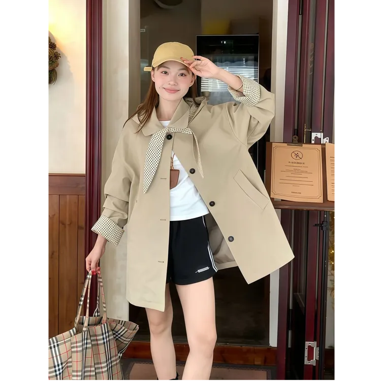 时尚轻奢欧货宽松休闲洋气格纹外套女春秋气质英伦风简约百搭风衣
