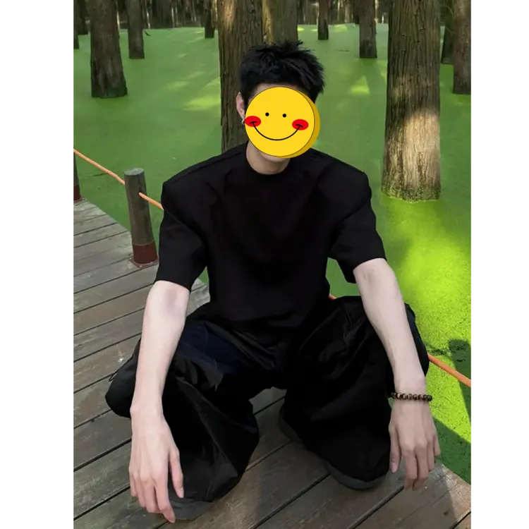 纯黑色垫肩短袖男款纯棉重磅小领口T恤cleanfit痞帅高级感半截袖