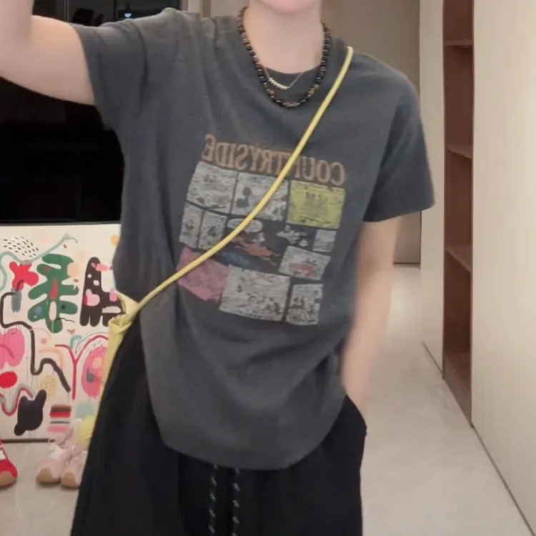 休闲小众圆领正肩印花短袖T恤女2025夏季薄款女士圆领套头上衣