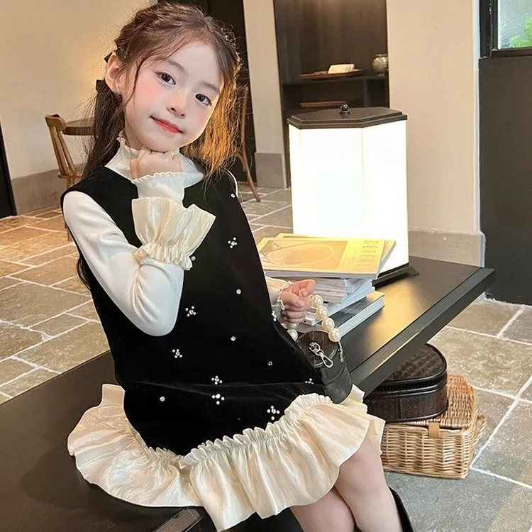 女童小香风连衣裙套装2025新款秋冬款公主裙小女孩丝绒背心裙秋季