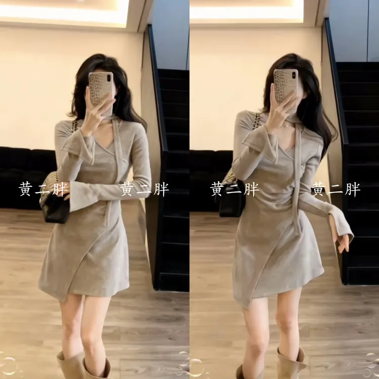 法式飘带V领长袖连衣裙女早秋新款高级感气质褶皱收腰显瘦A字短裙