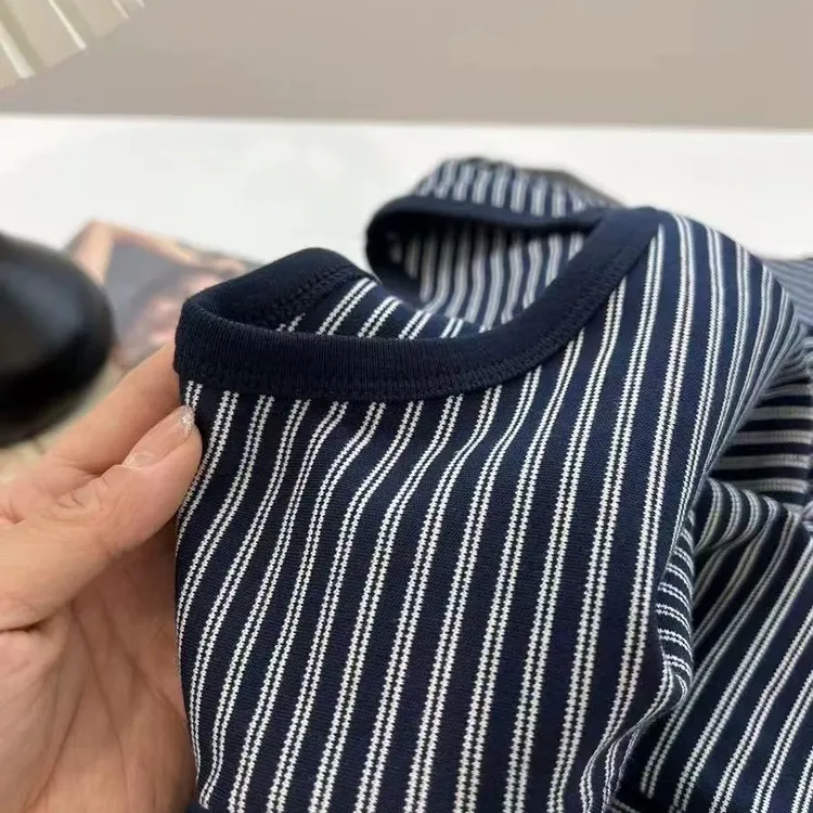 【海岛】磨毛棉显瘦条纹文艺修身短袖T桖女上衣8803