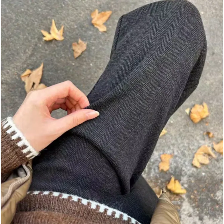 毛呢阔腿裤女2025秋冬新款高腰垂感休闲裤小个子人字纹窄版直筒裤