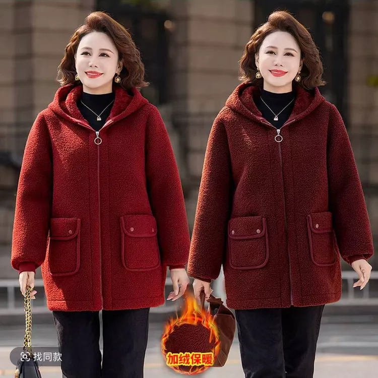 妈妈冬装加绒加厚外套中老年女颗粒绒棉袄大码棉衣女洋气连帽棉服