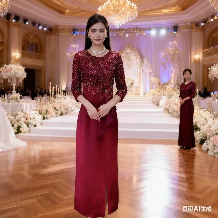 礼服显瘦婚礼妈妈喜婆婆酒红色中长裙纯色显瘦国风优雅宴会晚礼服