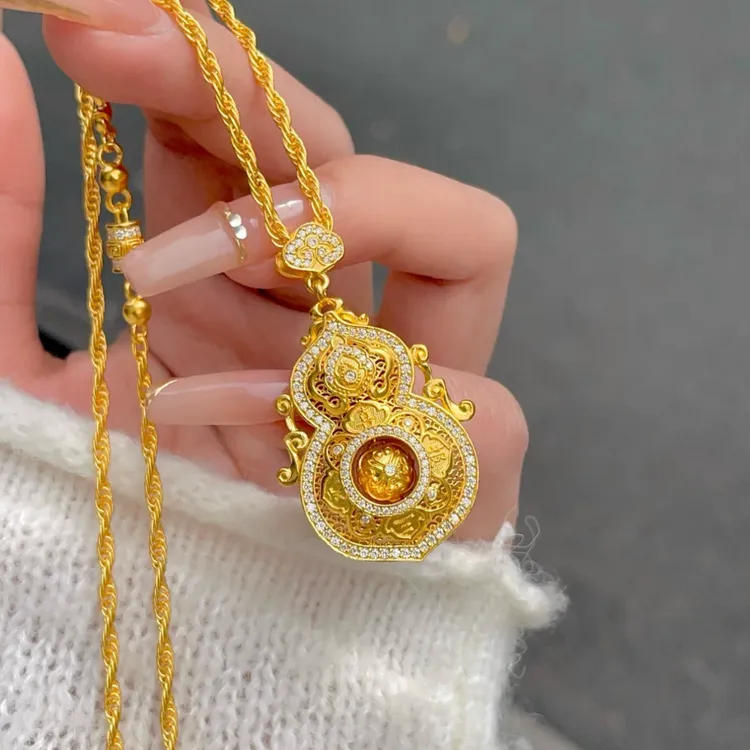 铜合金项链 新中式四美荣喜葫芦宫廷风吊坠花丝百福项链