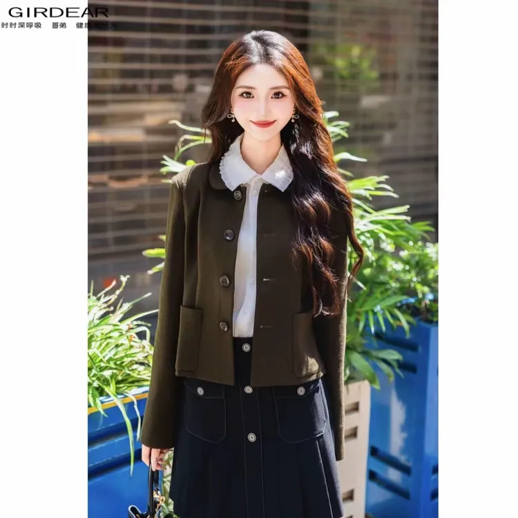 GIRDEAR/哥弟秋冬新款复古时尚百搭单排扣毛呢长袖短外套女140039