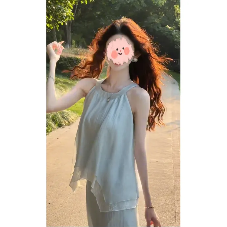 甜美纯欲浅蓝无袖上衣挂脖背心裤子套装女2025夏季度假风两件套