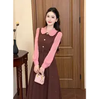 LiLi李李家【枫糖童话】假两件甜美法式复古粉咖撞色连衣裙XMZH9721