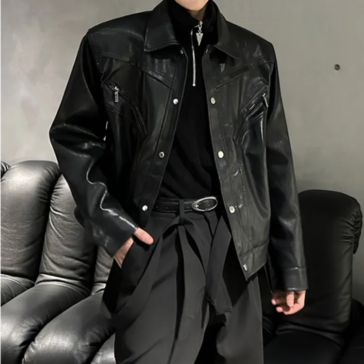 cleanfit短款垫肩皮衣外套男2025春秋季新款美式痞帅翻领机车夹克