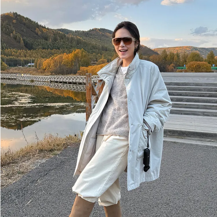 DE Mincollection水泥灰羽绒/极简宽松中长款白鹅绒羽绒服7831