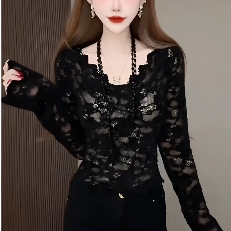 2025秋冬新款性感镂空蕾丝修身显瘦洋气V领短款加衬打底蕾丝衫女