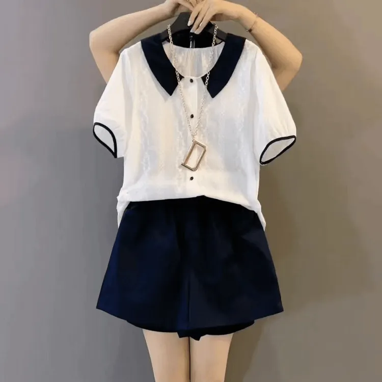 韩版刺绣提花减龄衬衫上衣弹力腰深蓝色短裤两件套