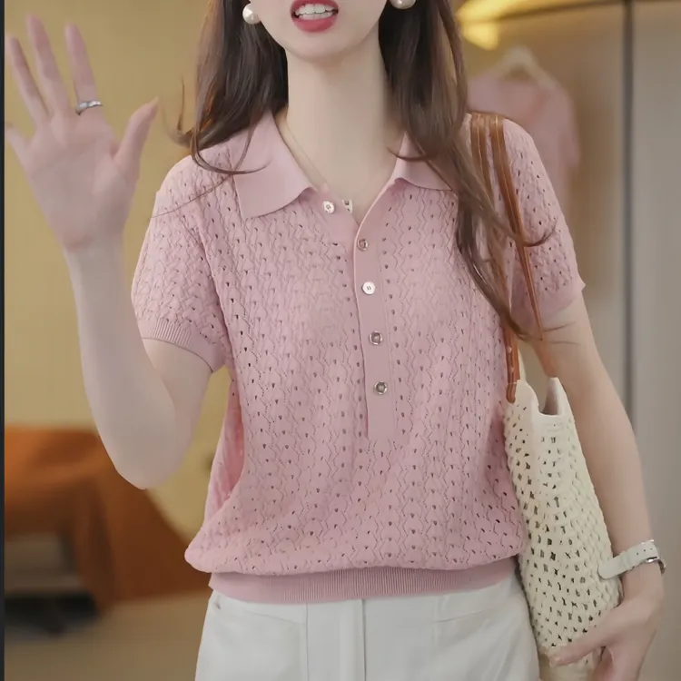 冰凉~透气夏季新款中年女装镂空翻领短袖宽松套头针织上衣女