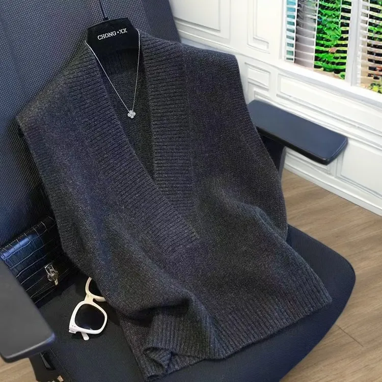 透气秋冬欧美风简约度假风马甲V领拼接免烫无袖纯色轻奢时尚宽松