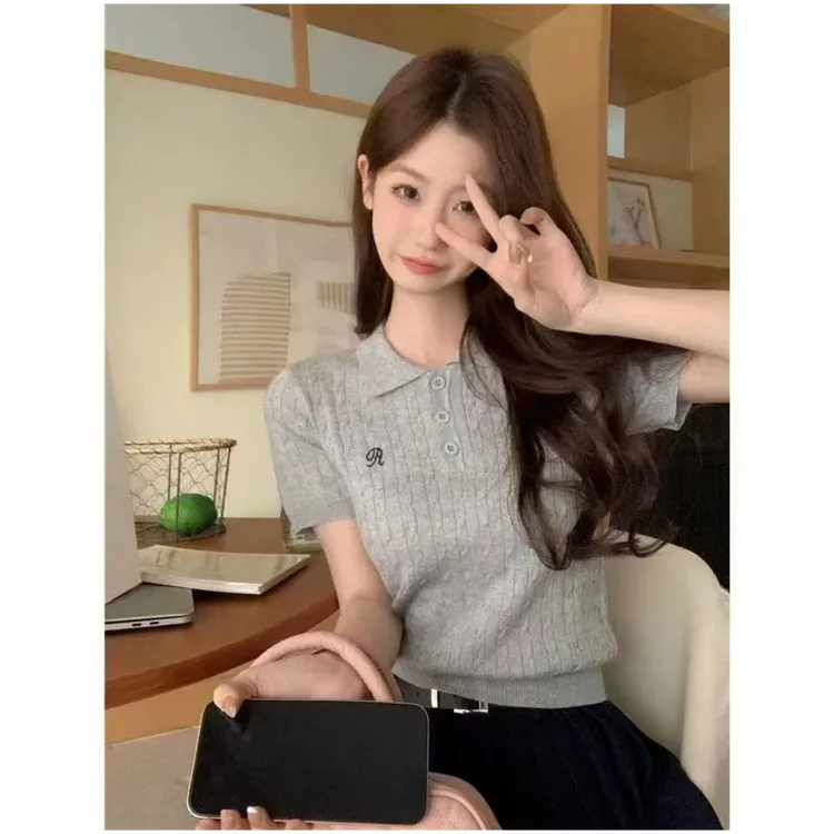 纯欲风麻花刺绣polo领短袖针织衫女夏季复古修身显瘦收腰T恤上衣