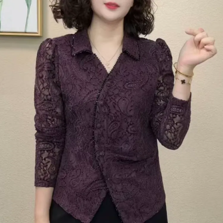 新款洋气时尚衬衫领气质修身百搭蕾丝长袖显瘦上衣-81007