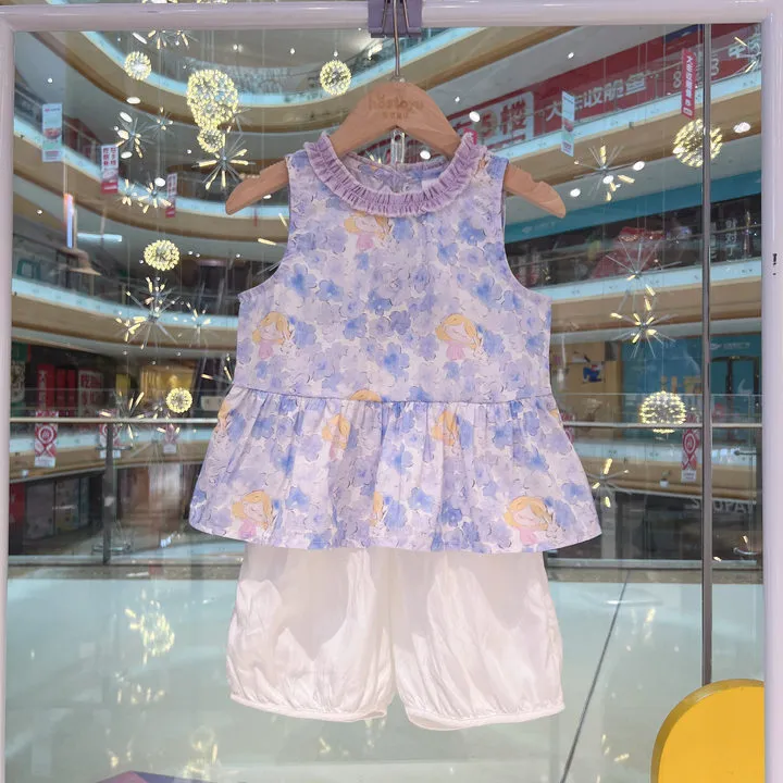 2025夏季女童时尚休闲碎花无袖娃娃衫套装17680580009
