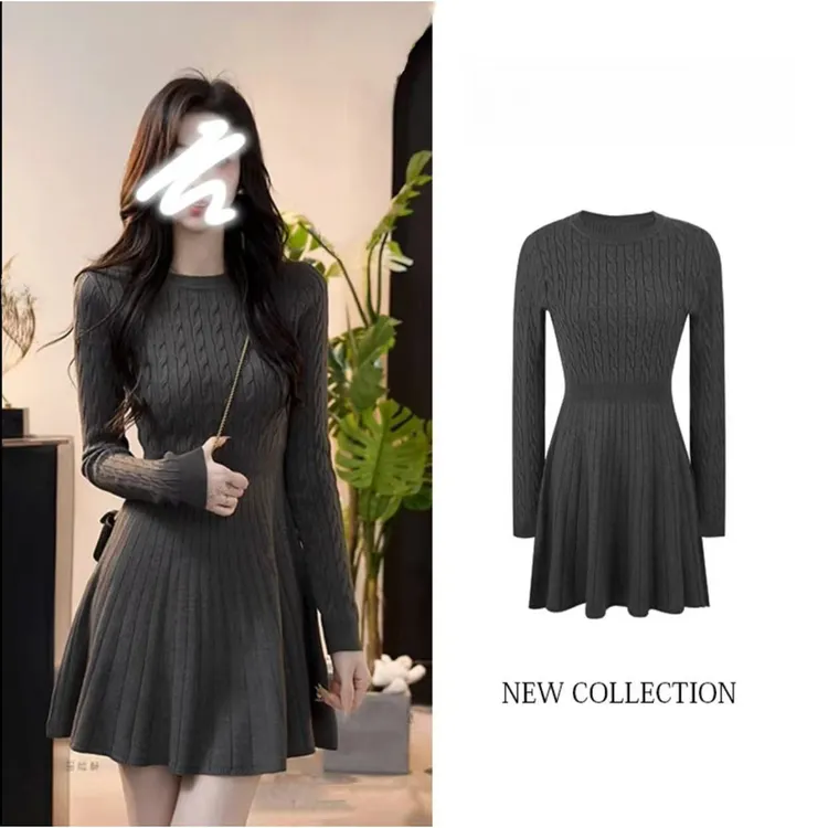 秋冬法式复古气质圆领麻花针织连衣裙女收腰显瘦a字打底百褶裙子