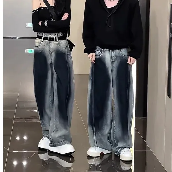 蓝色水洗渐变弯刀牛仔裤男美式复古宽松阔腿裤子小众设计感休闲裤