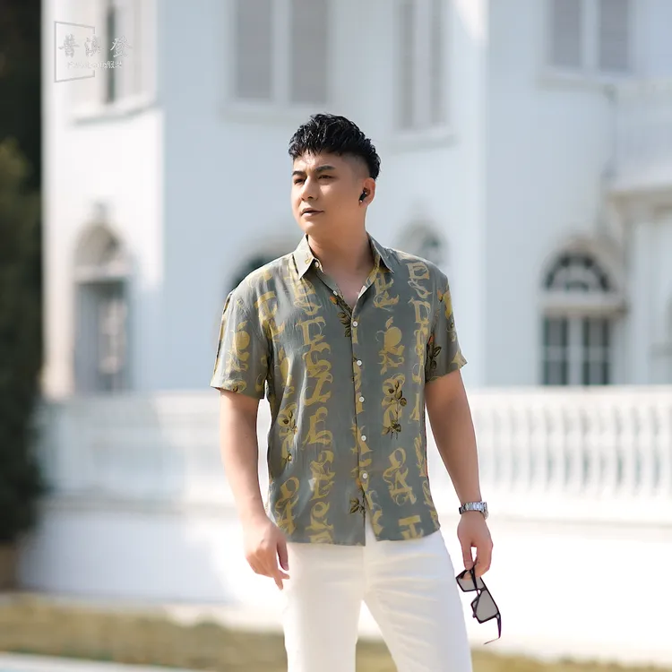沙滩夏季新款港风百搭休闲植物花卉印花男装短袖花衬衫