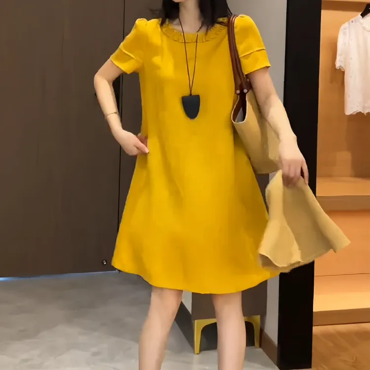 秋季时尚宽松显瘦短袖小黄裙大码宽松花边裙圆领慵懒风气质连衣裙
