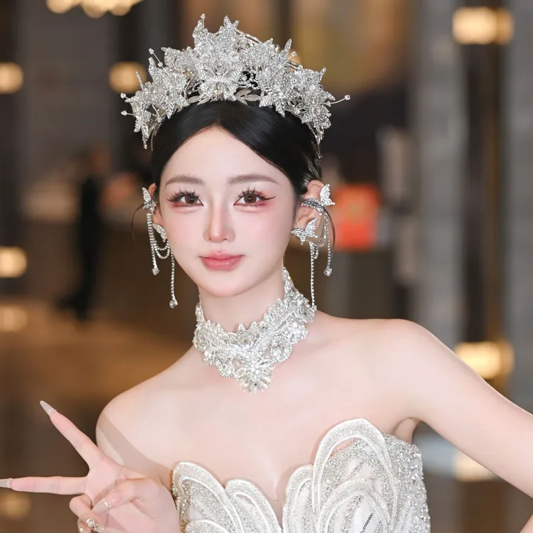 合金仿水晶婚庆饰品 01077新款新娘重工叠加皇冠立体蝴蝶礼服头饰