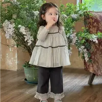 秋季25新款女宝衣服日系复古灰色娃娃衫两件套婴儿百搭花边裤