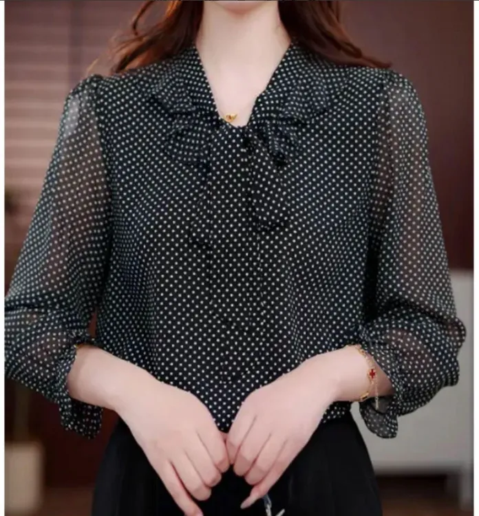 2025年气质防晒波点薄款长袖夏季宽松女衬衫夏季雪纺衫清凉感730
