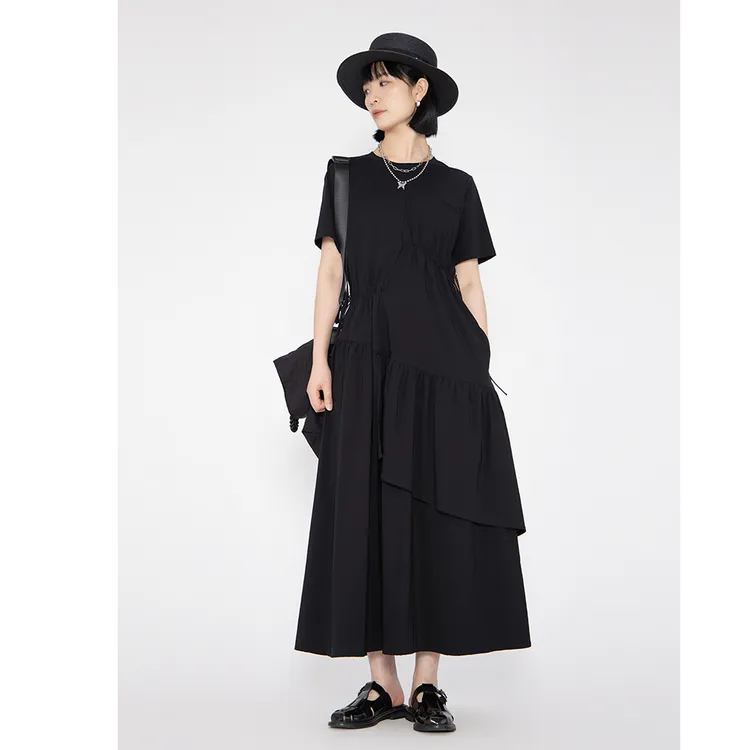 大码胖mm夏季新款设计感系带抽绳圆领纯色连衣裙女宽松休闲显瘦