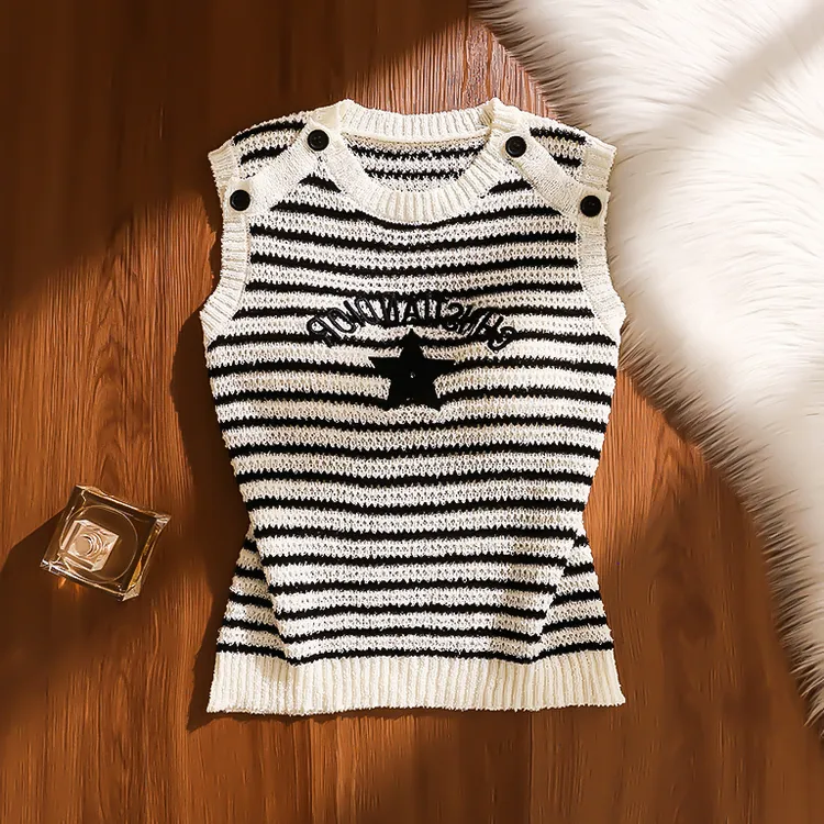 小香风五角星刺绣条纹针织衫女2025夏季新款法式撞色外穿无袖上衣