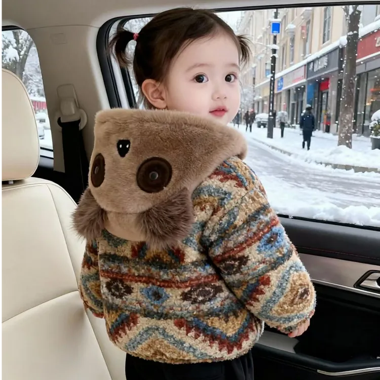 【彩虹小熊】w352新款冬款男女童洋气时尚加厚外套秋冬格子加绒冬季