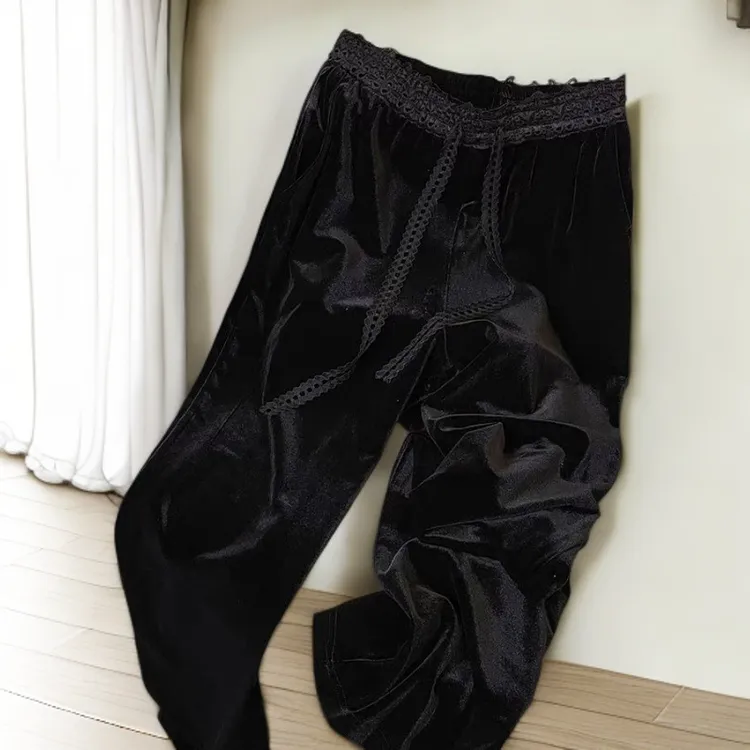 秋冬新款黑色丝绒阔腿裤女垂感时尚蕾丝百搭高腰显瘦直筒休闲裤子