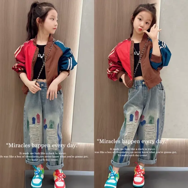 女童套装撞色夹克衫外套2025新款韩版儿童休闲拼色上衣破洞牛仔裤