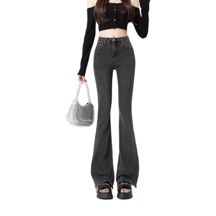 #002高腰弹力微喇叭牛仔裤春秋款