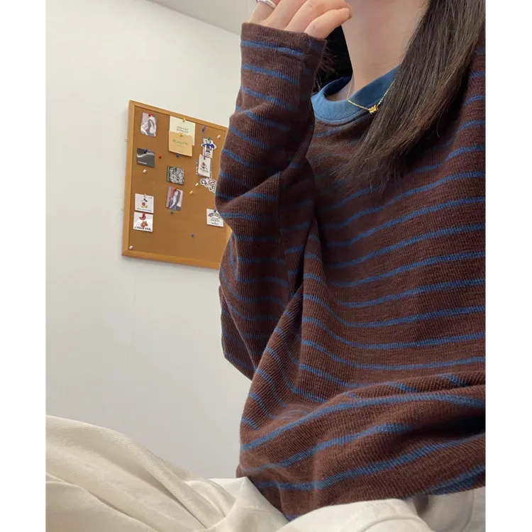 咖蓝撞色条纹长袖T恤女2025秋季新款韩系慵懒宽松休闲针织打底衫