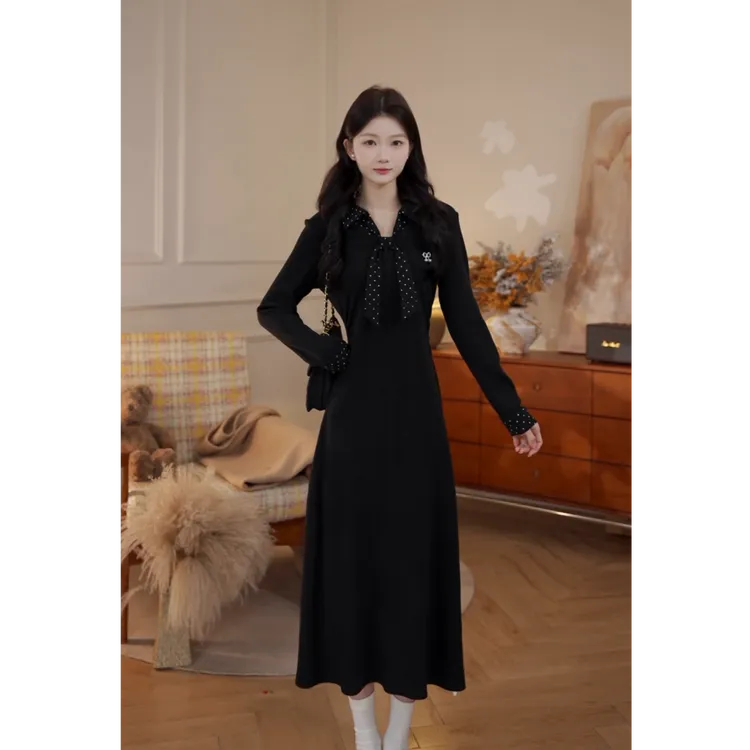 鹿向南「满分韩女」气质显瘦女冬款波点拼接设计感收腰加绒连衣裙