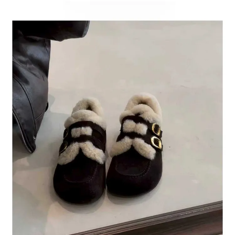 皮带扣一脚蹬秋冬新款外穿磨砂皮毛毛鞋勃肯鞋软底包头拖显瘦女鞋