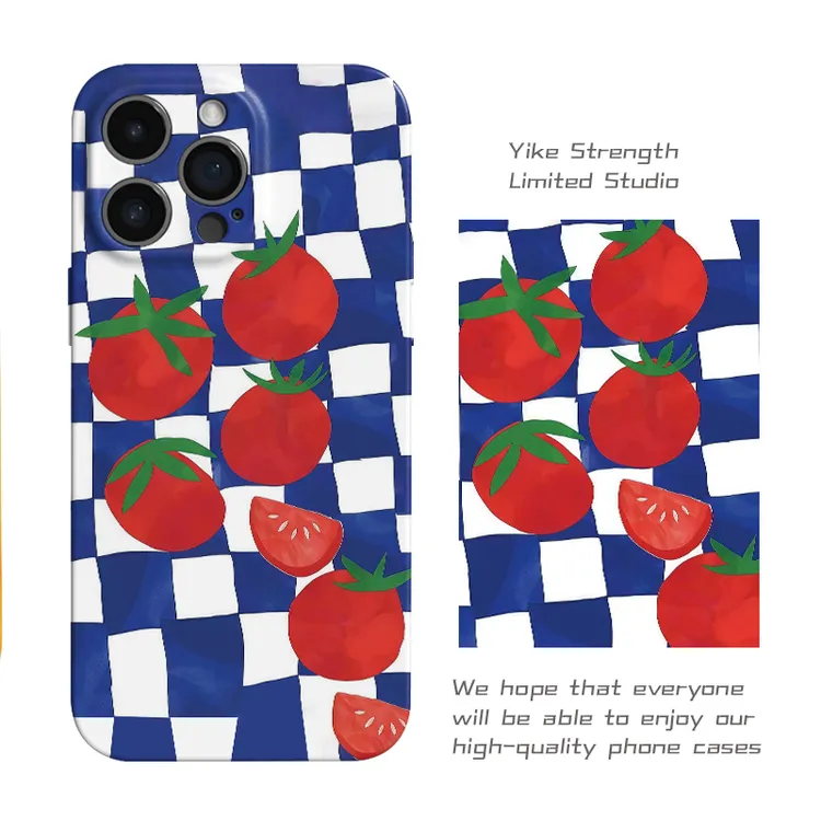 番茄蓝白格菲林软壳进口光面适用iphone苹果13rpomax/14/16pro