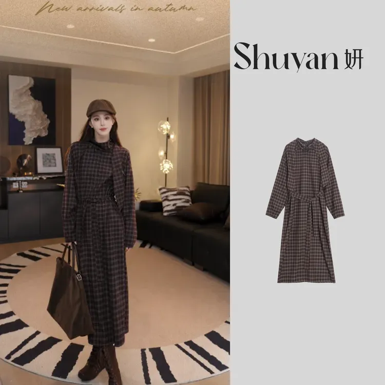 Shuyan妍【格仔长裙】高克重复古感格子长裙连衣裙665133
