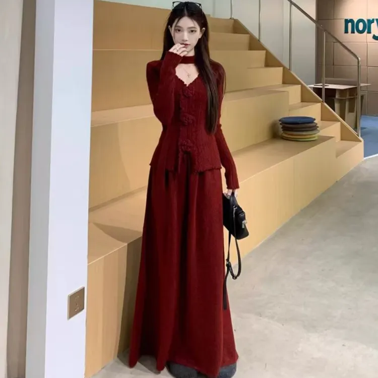 叮叮家【玫瑰物语】立体法式花朵飘带长袖木耳边上衣+半身长裙套装