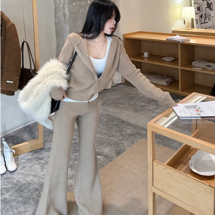 韩版新款御姐高级感连帽拉链毛衣开衫+高腰显瘦喇叭裤气质两件套