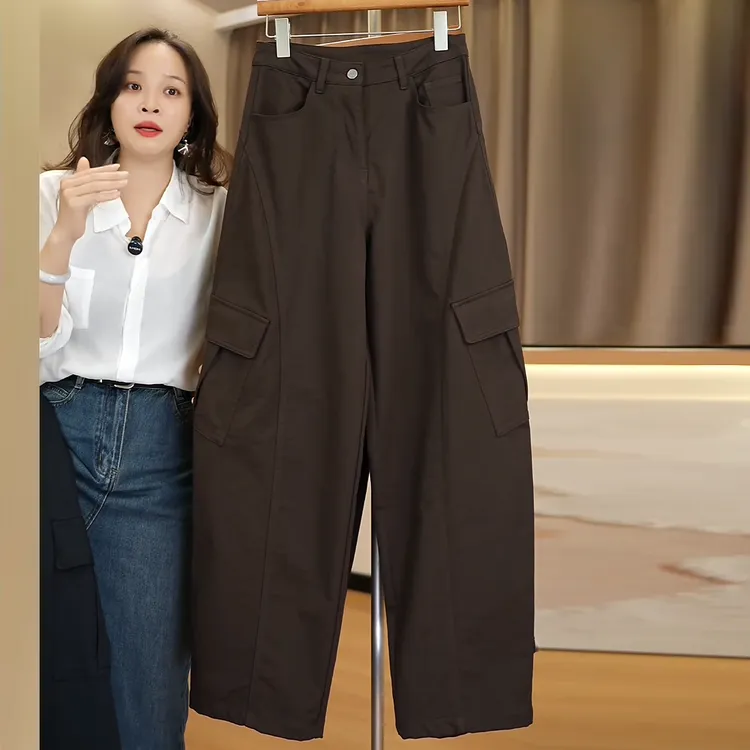 钛金棉窄版工装裤女2025秋季新款高腰后松紧多口袋帅气直筒阔腿裤