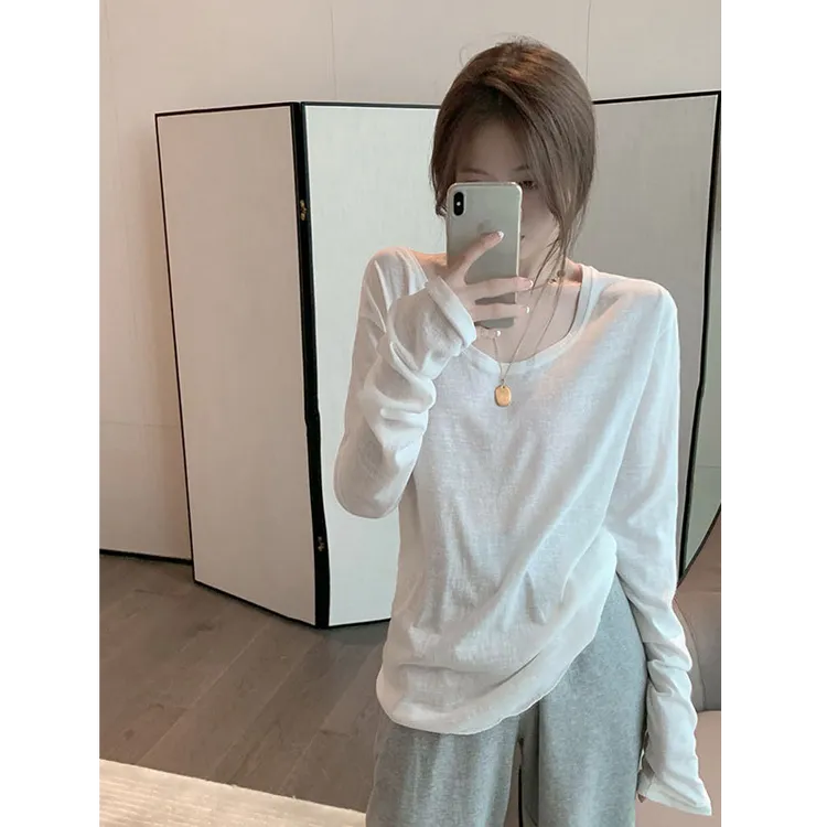 欧洲站韩版白色长袖t恤女春秋新款棉质打底衫慵懒风百搭上衣ins潮